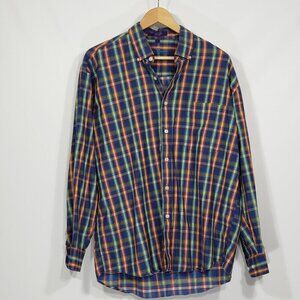 Alan Flusser  Colorful Plaid Buttondown Shirt  blue green orange Size L Preppy